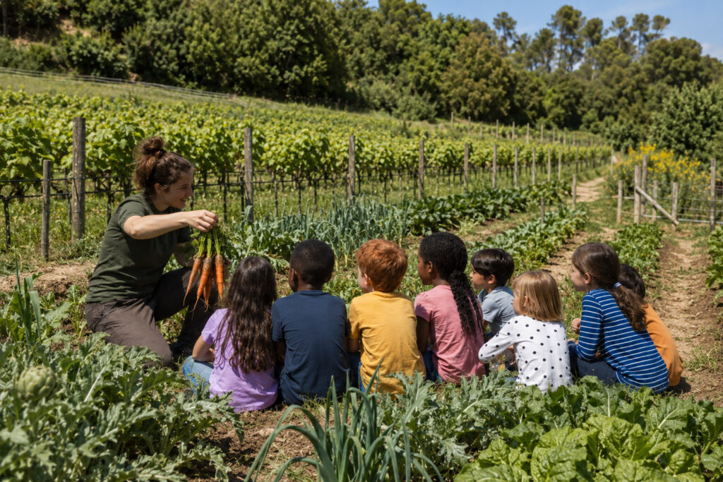 Activitat escolar a Can Calopa, amb un grup d’infants asseguts a l’horta mentre una educadora els mostra unes pastanagues acabades de collir, envoltats de cultius, vinyes i vegetació mediterrània.