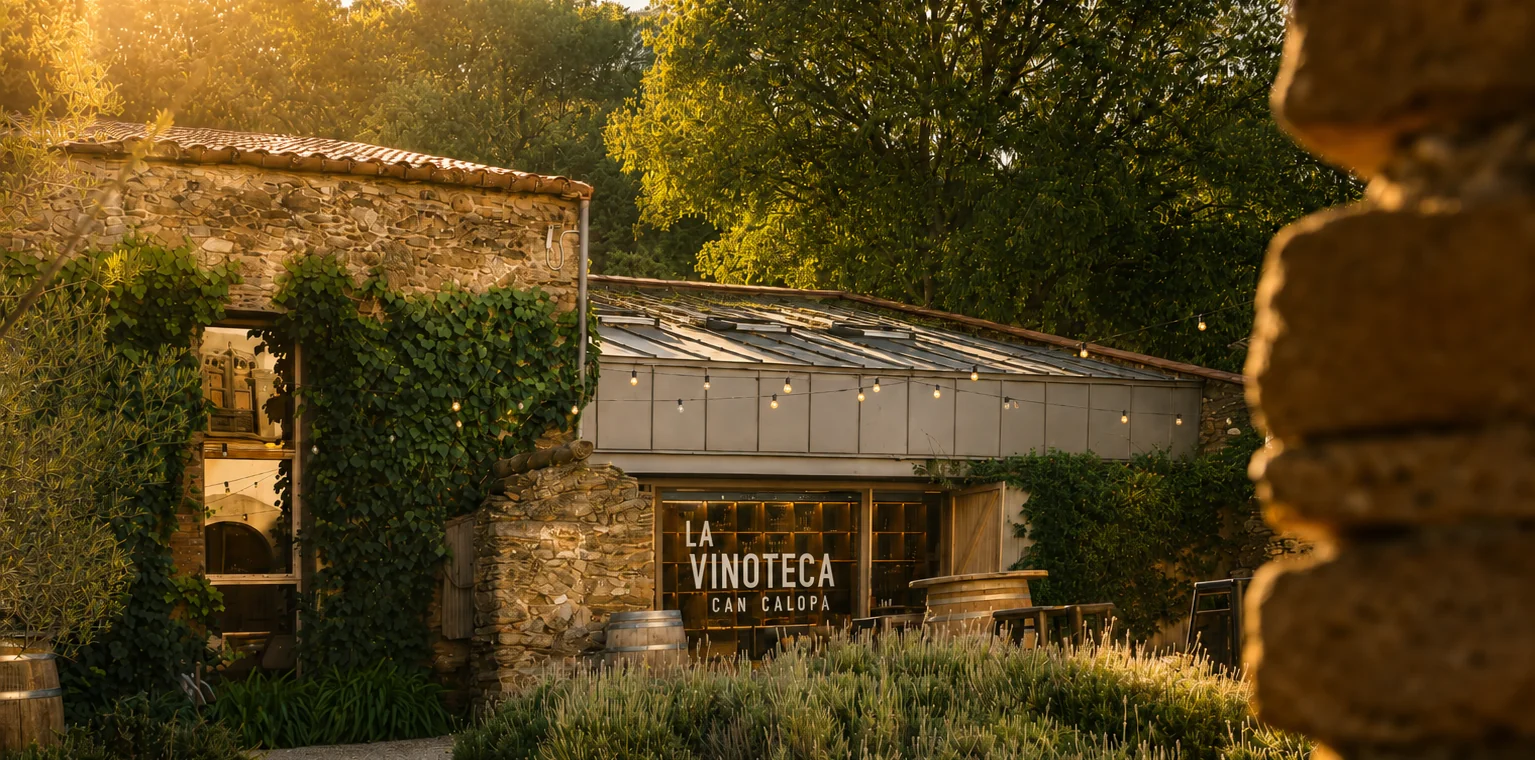 Façana de La Vinoteca de Can Calopa al capvespre, envoltada de vegetació i il·luminada amb una llum càlida de tarda.